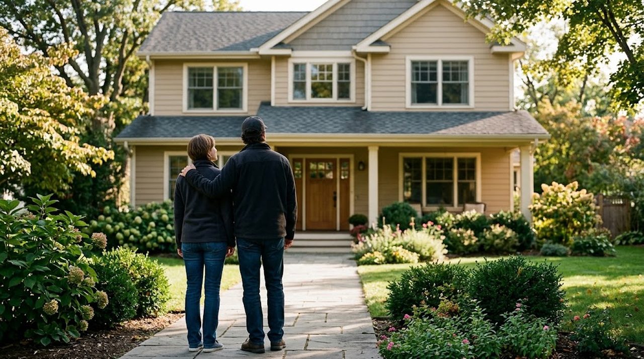Two people standing on a front walk looking up at a suburban house on a clear afternoon