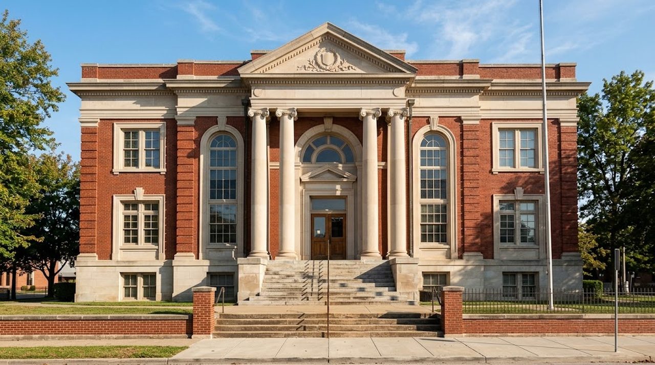 Stone steps and tall windows of a small-town county courthouse on a clear afternoon
