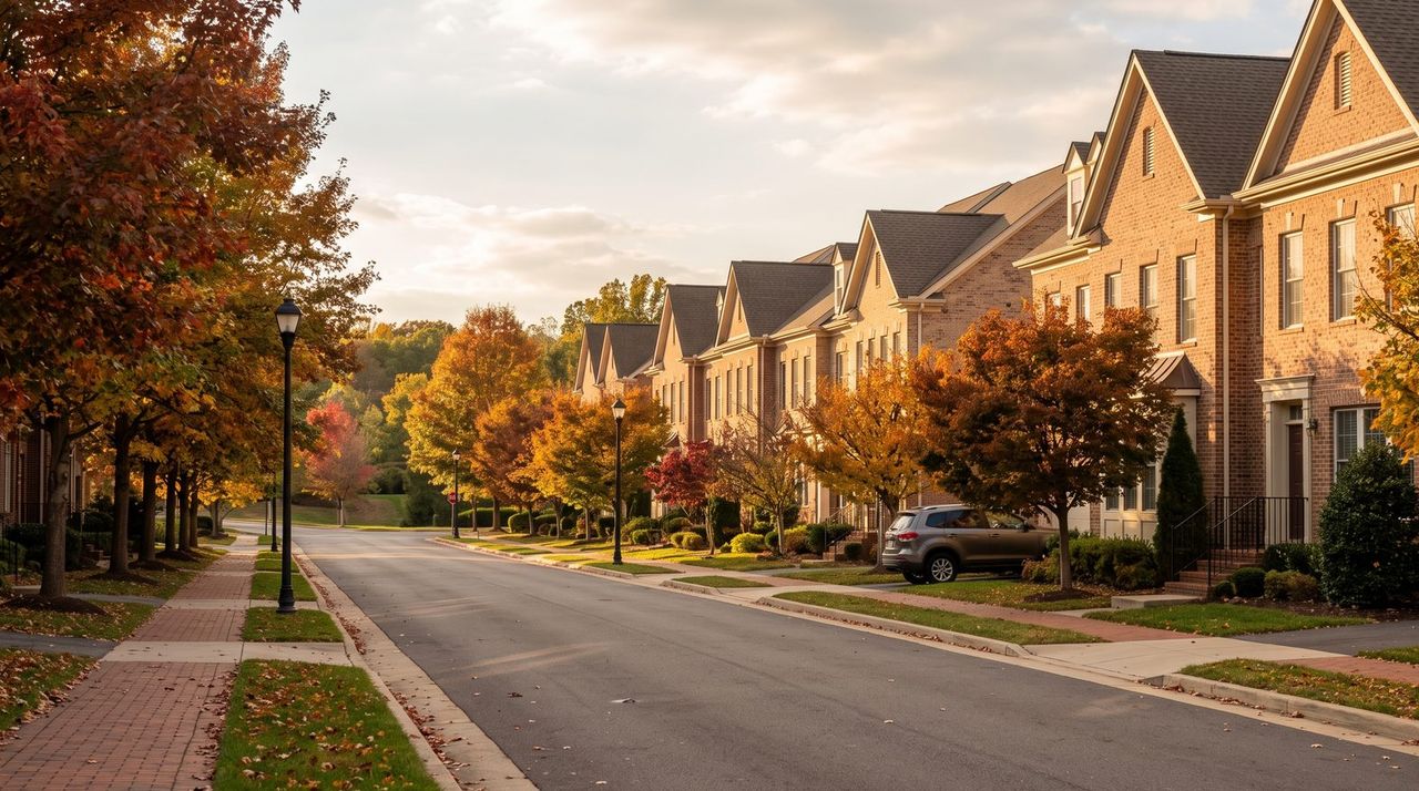 Row of brick townhomes along a quiet street with autumn trees turning orange and gold