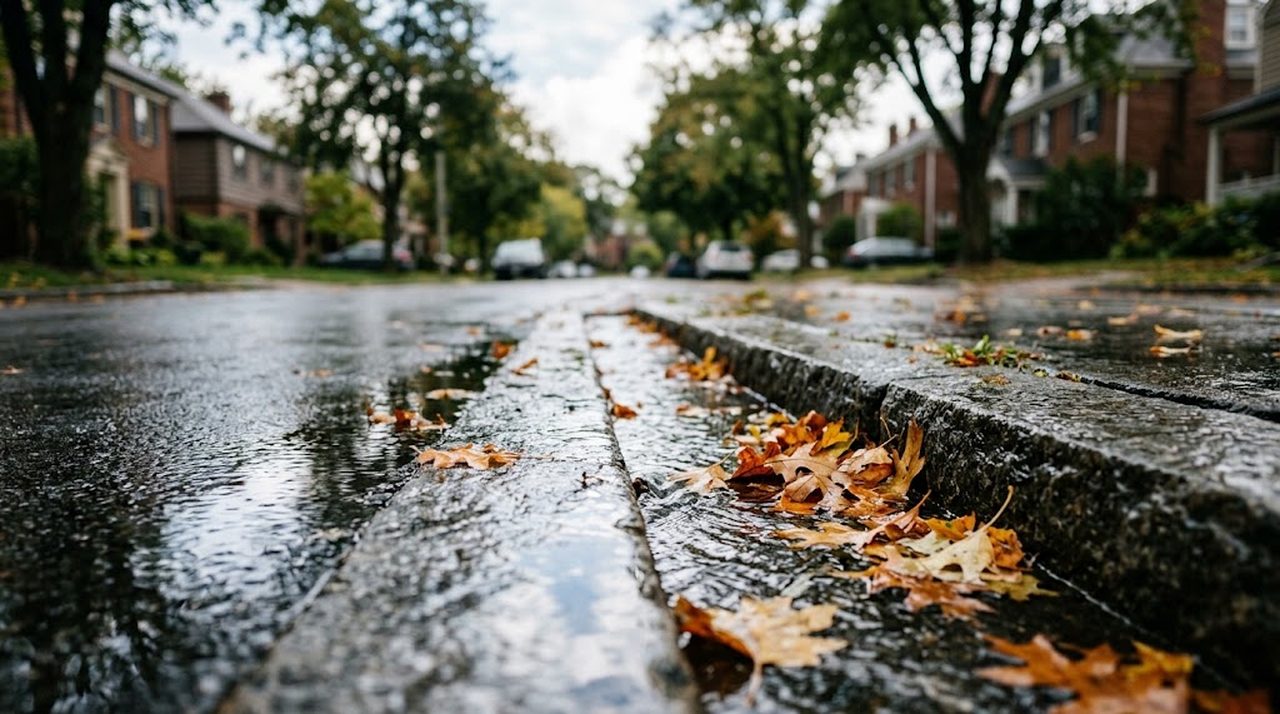 Water running along the curb of a tree-lined residential street after rain