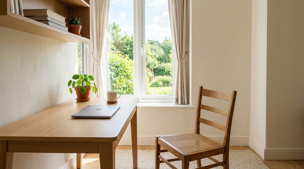 Bright home office desk with a laptop closed and a mug beside a window