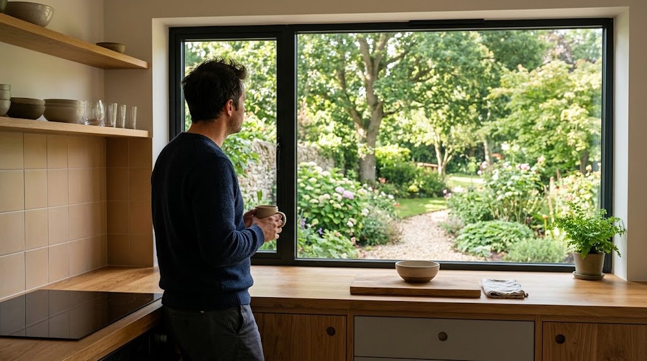 A man standing at a kitchen counter holding a mug and looking out of a window in morning light