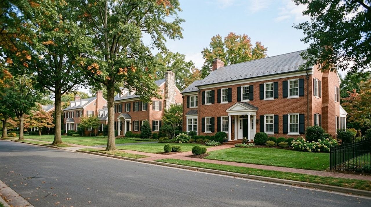Brick colonial homes along a quiet Virginia street on a clear autumn morning