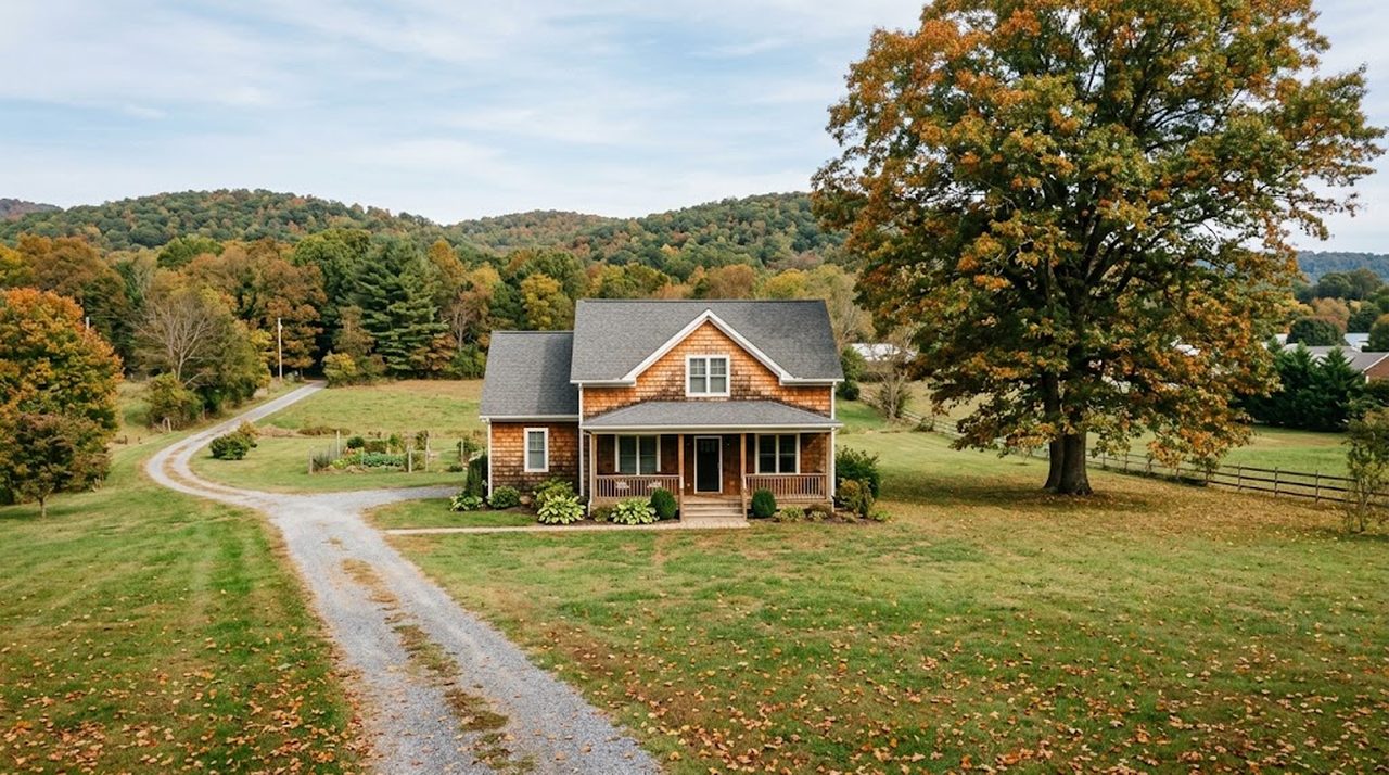 A detached two-storey house on a large lot at the edge of a small Virginia town with hills behind