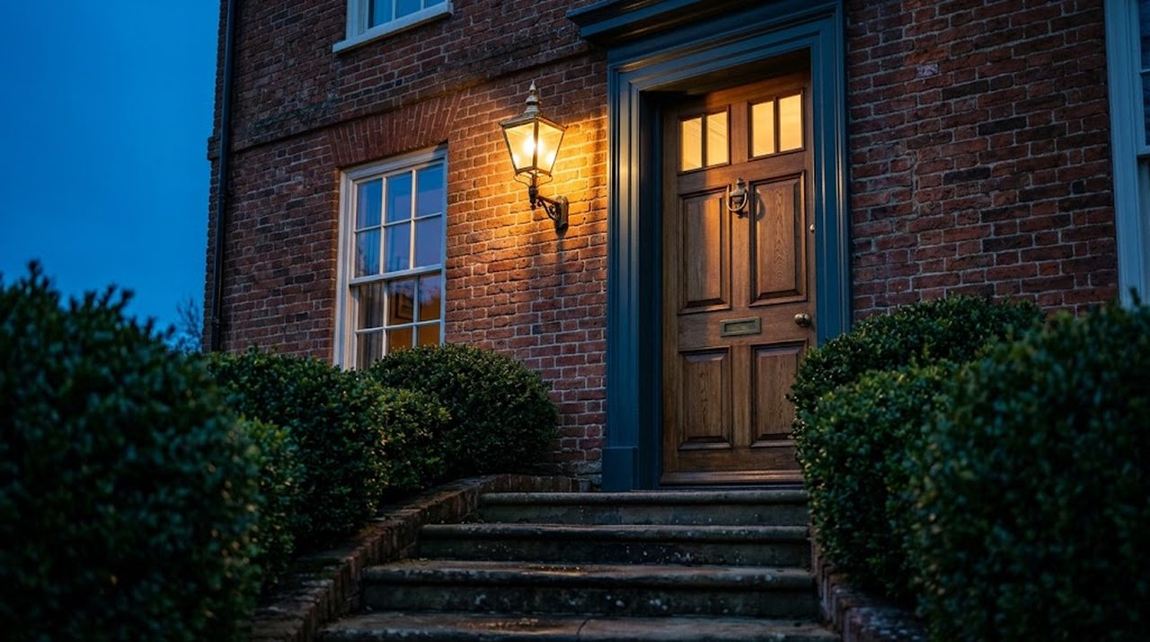 Front steps and a lit porch lamp on a brick house at dusk
