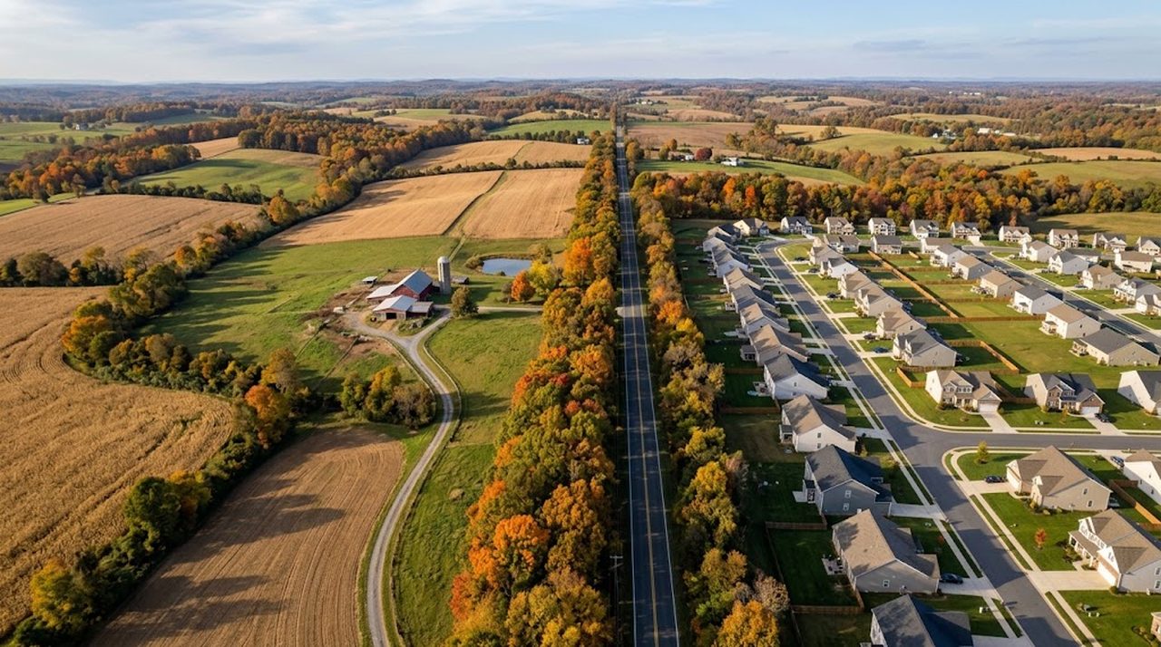 Open farmland meeting a subdivision at the edge of a Virginia county boundary