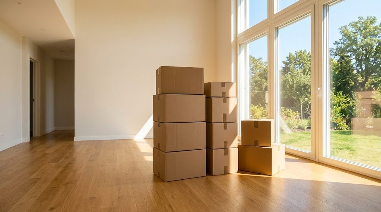 Plain unmarked moving boxes stacked in a bright empty living room with hardwood floors and morning sun
