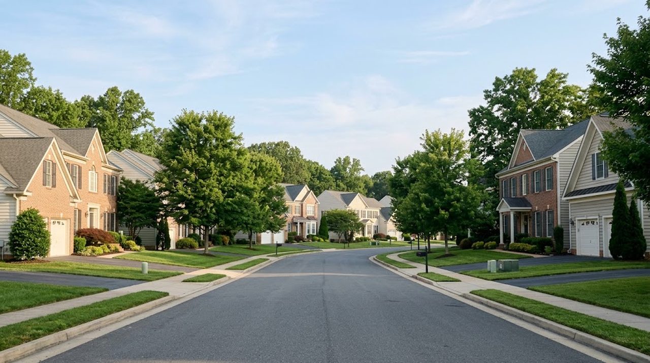 A quiet residential street of detached homes with mature trees and green lawns in soft morning light