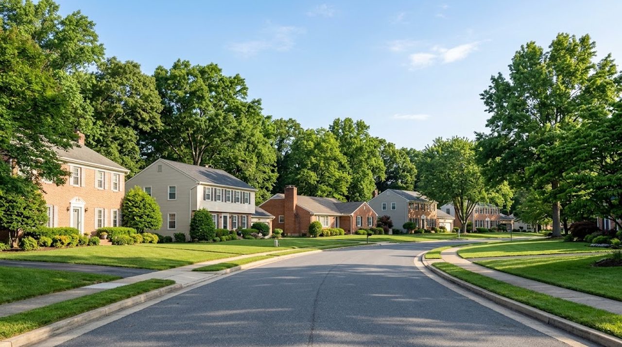 A quiet Maryland residential street of brick and sided homes with mature trees on a clear morning