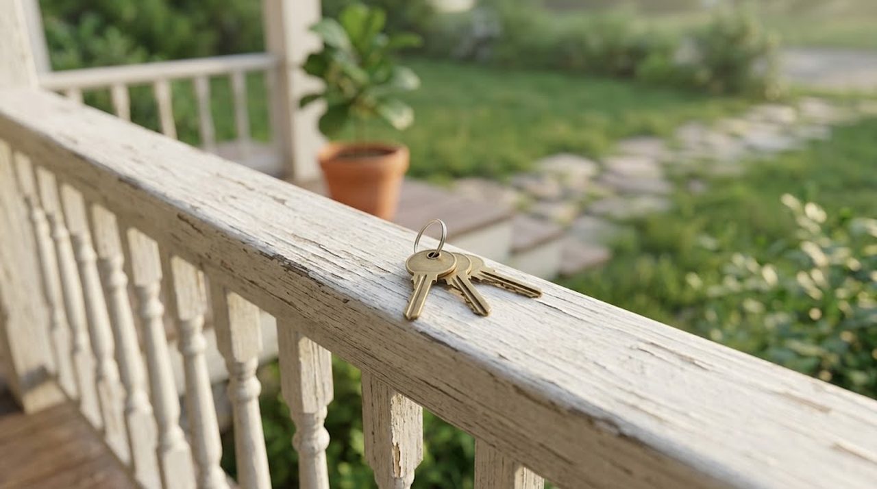 A front porch with a set of house keys resting on the railing in morning light