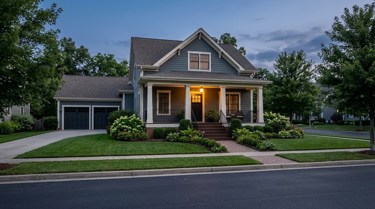 A two story family home with a covered front porch on a quiet suburban street at dusk