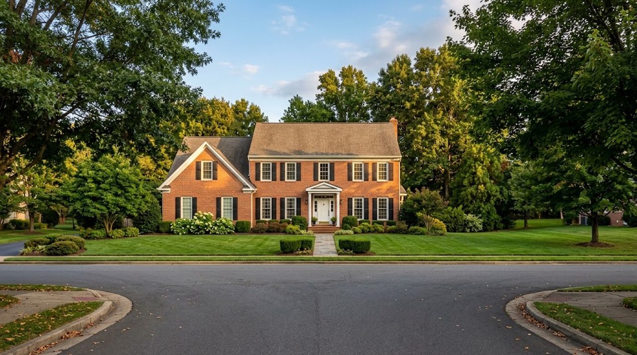 A detached brick colonial home with a neat front lawn on a quiet Northern Virginia street in late afternoon light