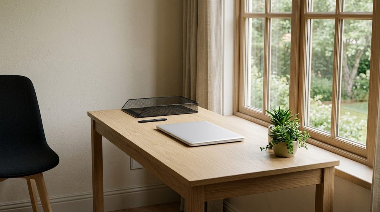 A tidy home desk with a closed laptop, a pen and an empty wire tray beside a window in soft daylight