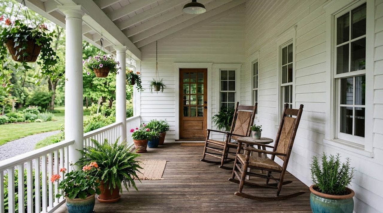 A covered front porch with two rocking chairs and potted plants on a quiet morning