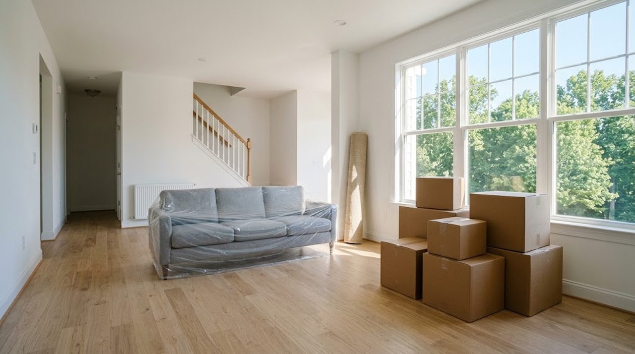 A bright living room in a Northern Virginia townhouse with moving boxes stacked near the window on a sunny morning