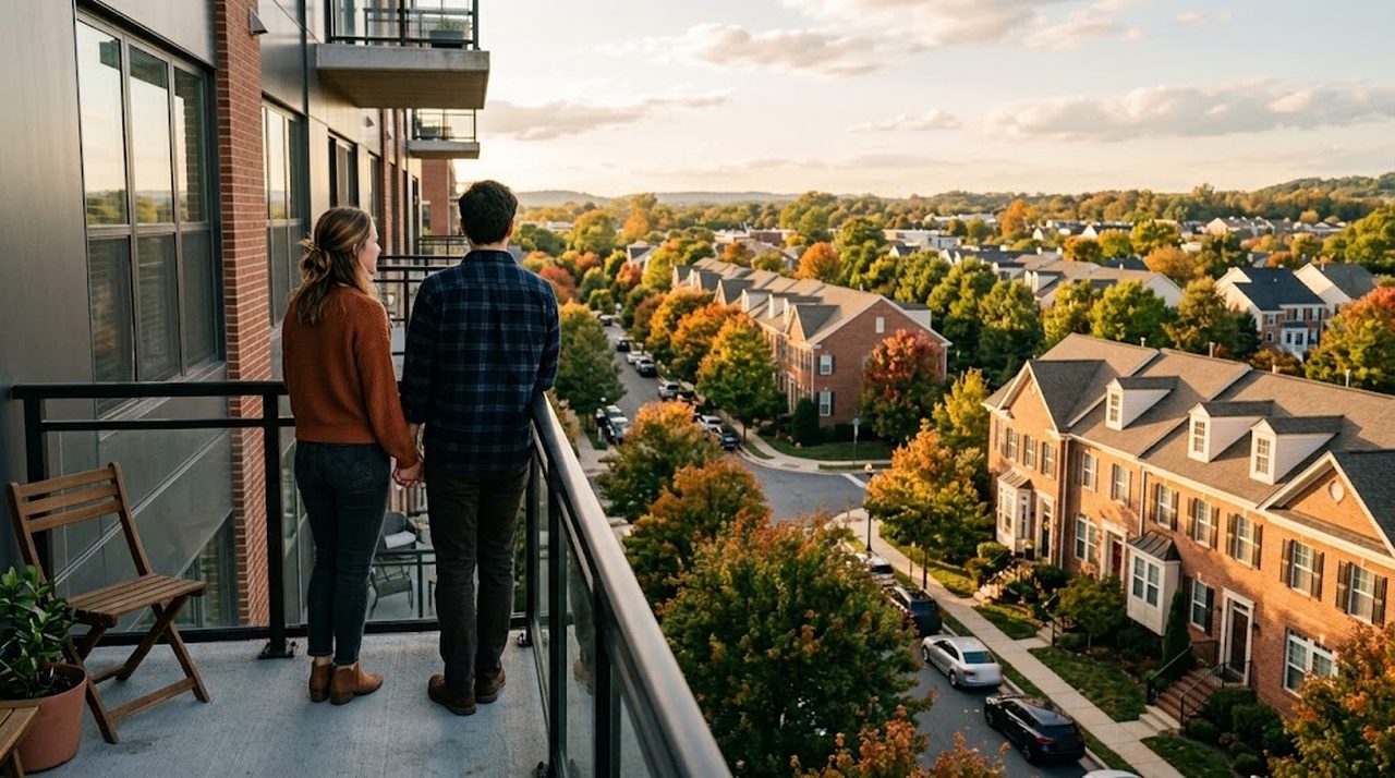 A young couple on the balcony of a modern apartment building looking out over a neighborhood of townhouses at sunset