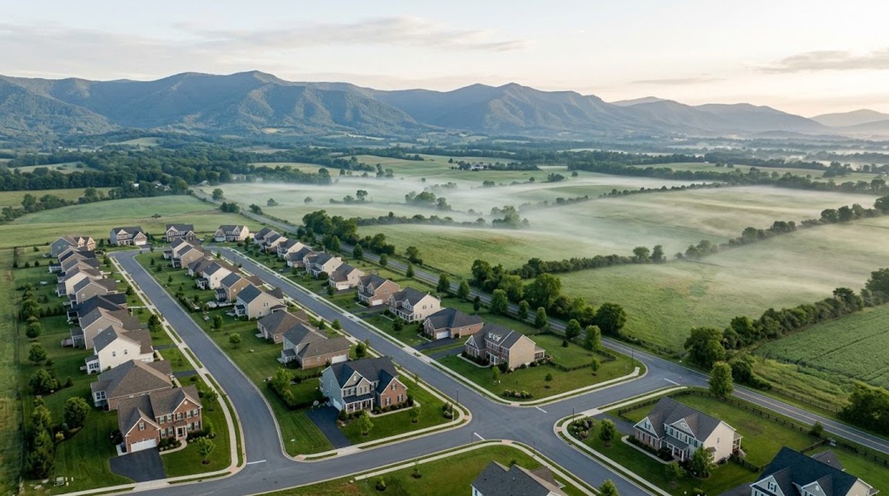 A new neighborhood of single family homes on the edge of open farmland with the Blue Ridge Mountains in the distance in Virginia