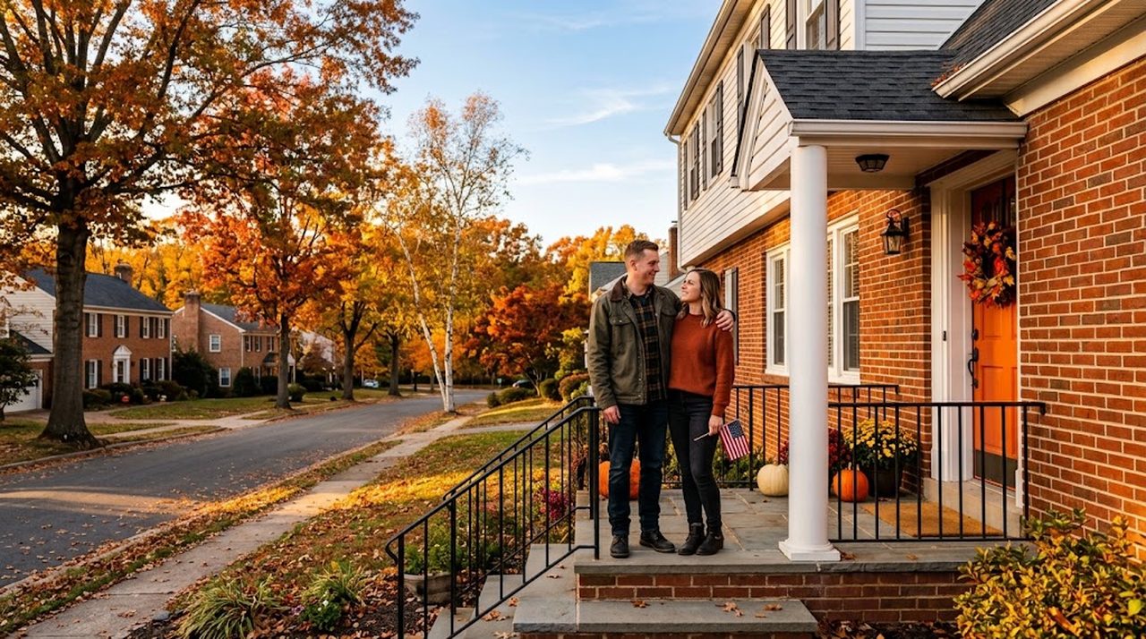 A young veteran and his wife standing on the front steps of a brick colonial home in a Virginia neighborhood on a sunny fall afternoon