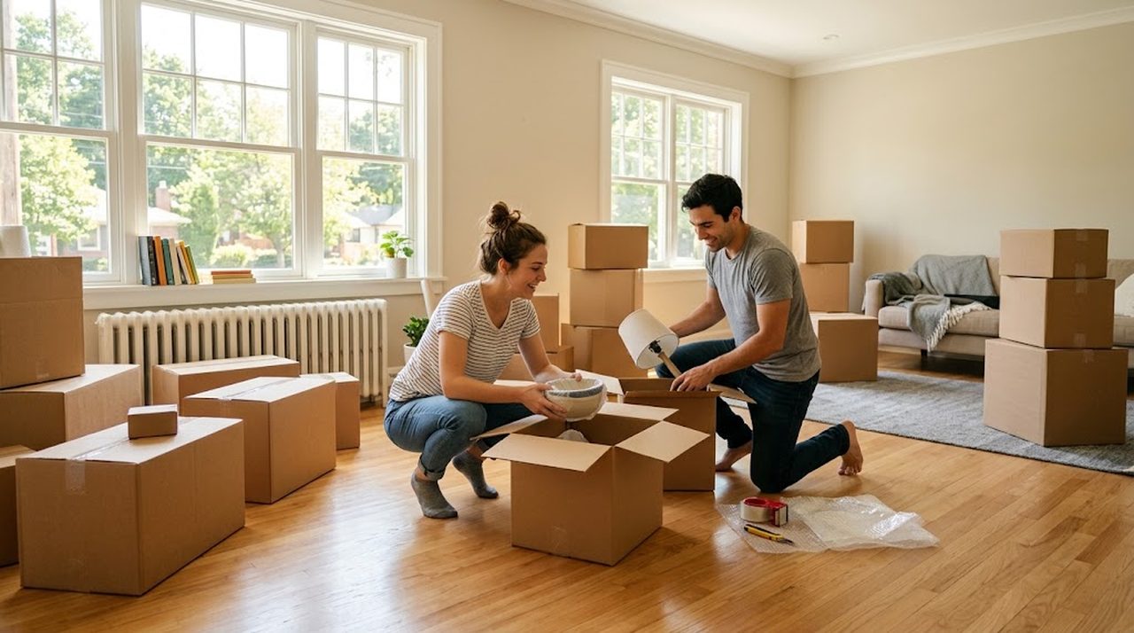 A young military couple unpacking moving boxes in the living room of their new home with sunlight coming through the windows