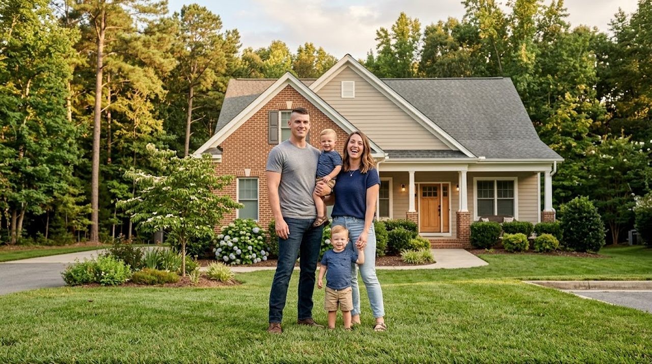 A Marine in dress blues with his wife and young son in front of a two story home with a wooded backyard in a Stafford County neighborhood