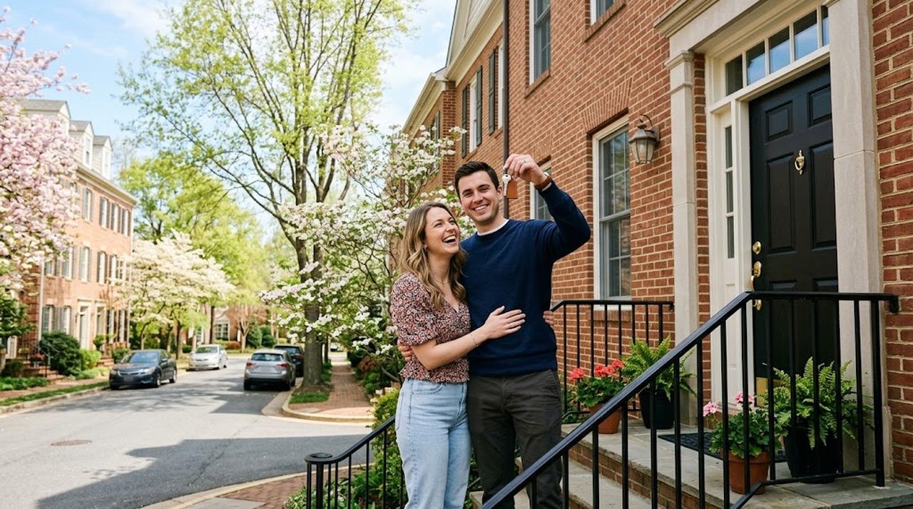 A young couple holding keys and smiling on the front steps of a brick townhouse in a Northern Virginia neighborhood