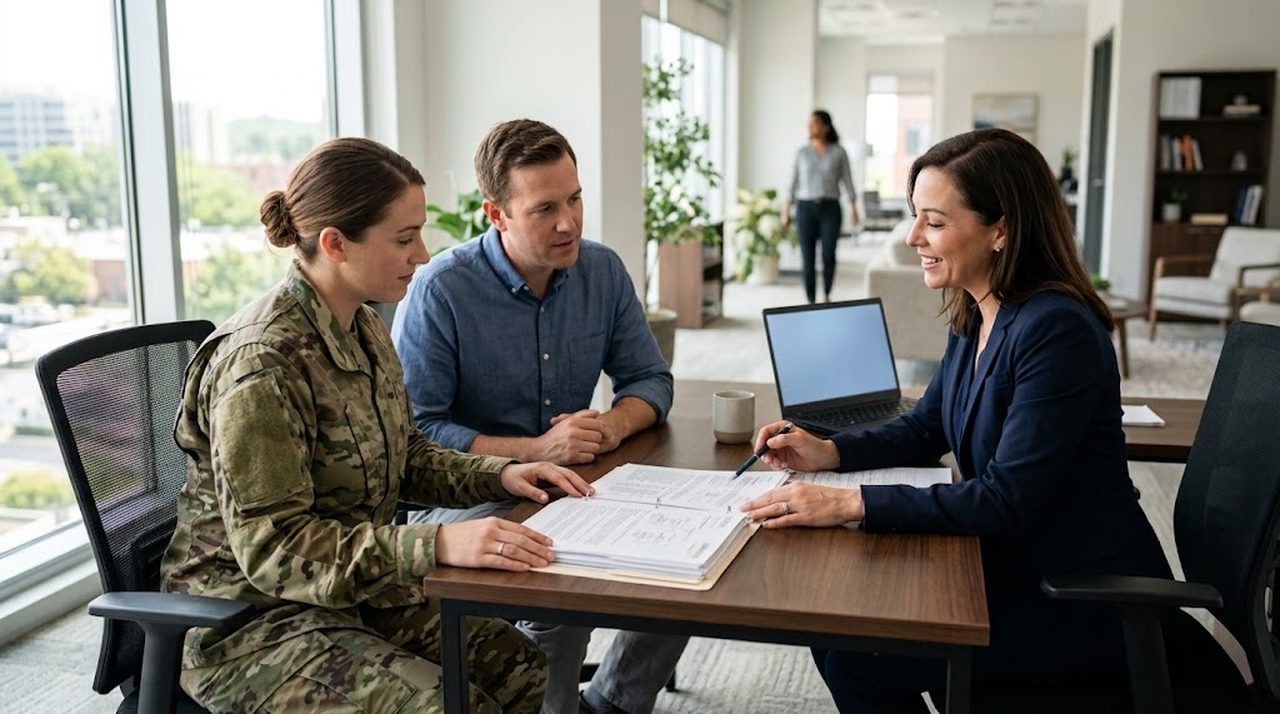 A service member in uniform and her husband reviewing papers with a loan officer at a desk
