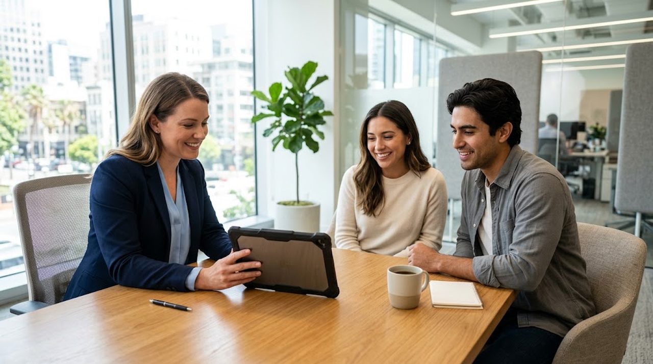 A loan officer and a young couple reviewing a closing timeline on a tablet in a bright office