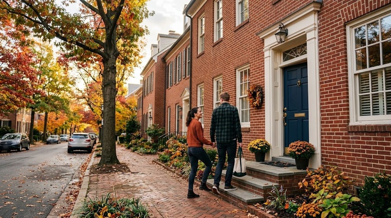 A young couple walking up to the front door of a brick townhouse on a quiet street in suburban Maryland