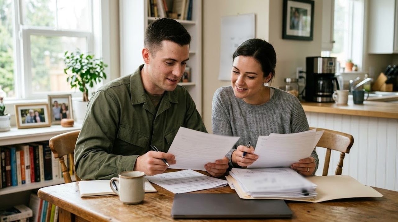 A service member in uniform and his wife reviewing mortgage paperwork together at their kitchen table