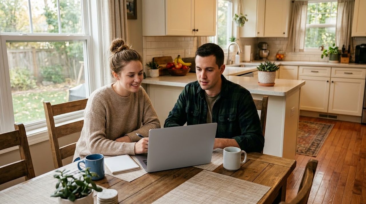 A first-time homebuyer couple reviewing numbers on a laptop at their kitchen table