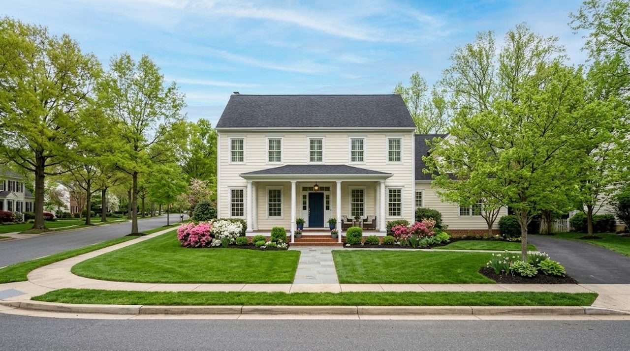 A two story colonial home with a front porch and flowering shrubs on a tree lined street in suburban Maryland