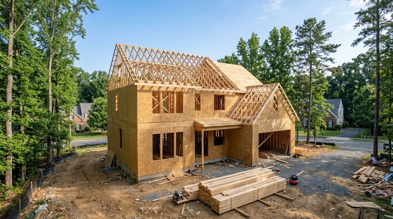 The wood frame and roof trusses of a new two-story home under construction on a clear morning in a Northern Virginia neighborhood