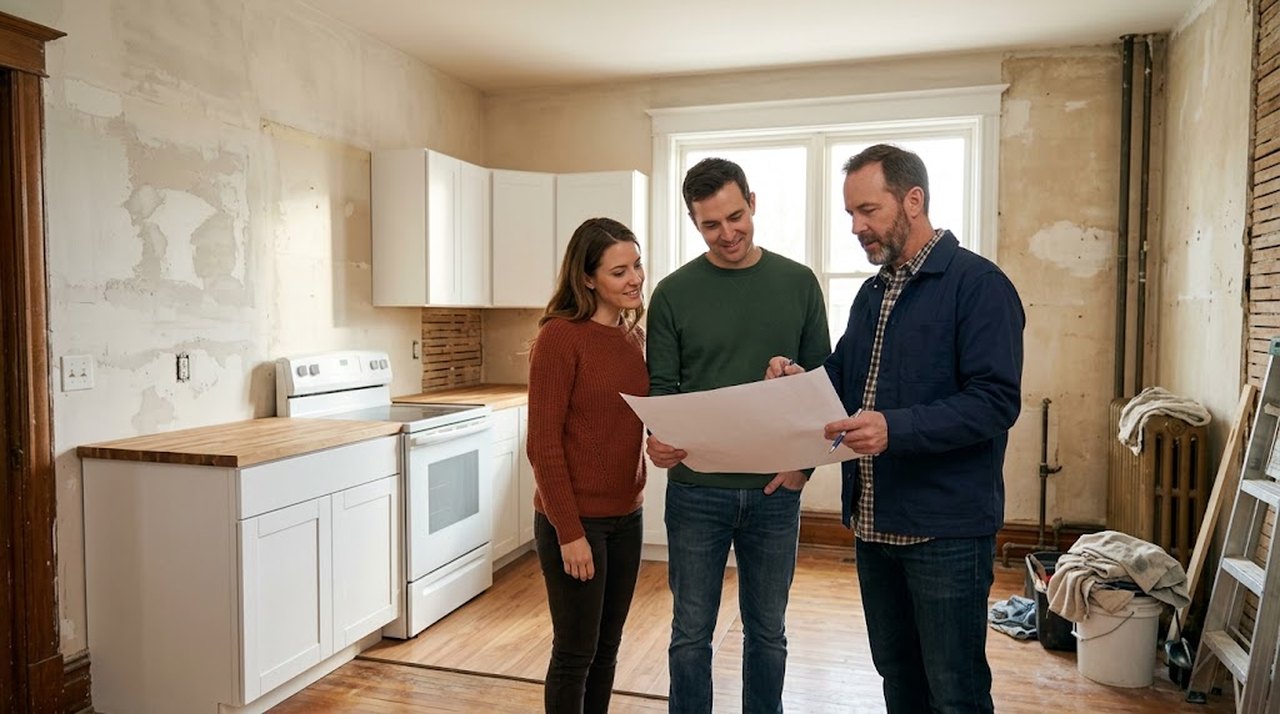 A couple standing in a partly renovated kitchen with new cabinets and bare walls, looking over plans with a contractor