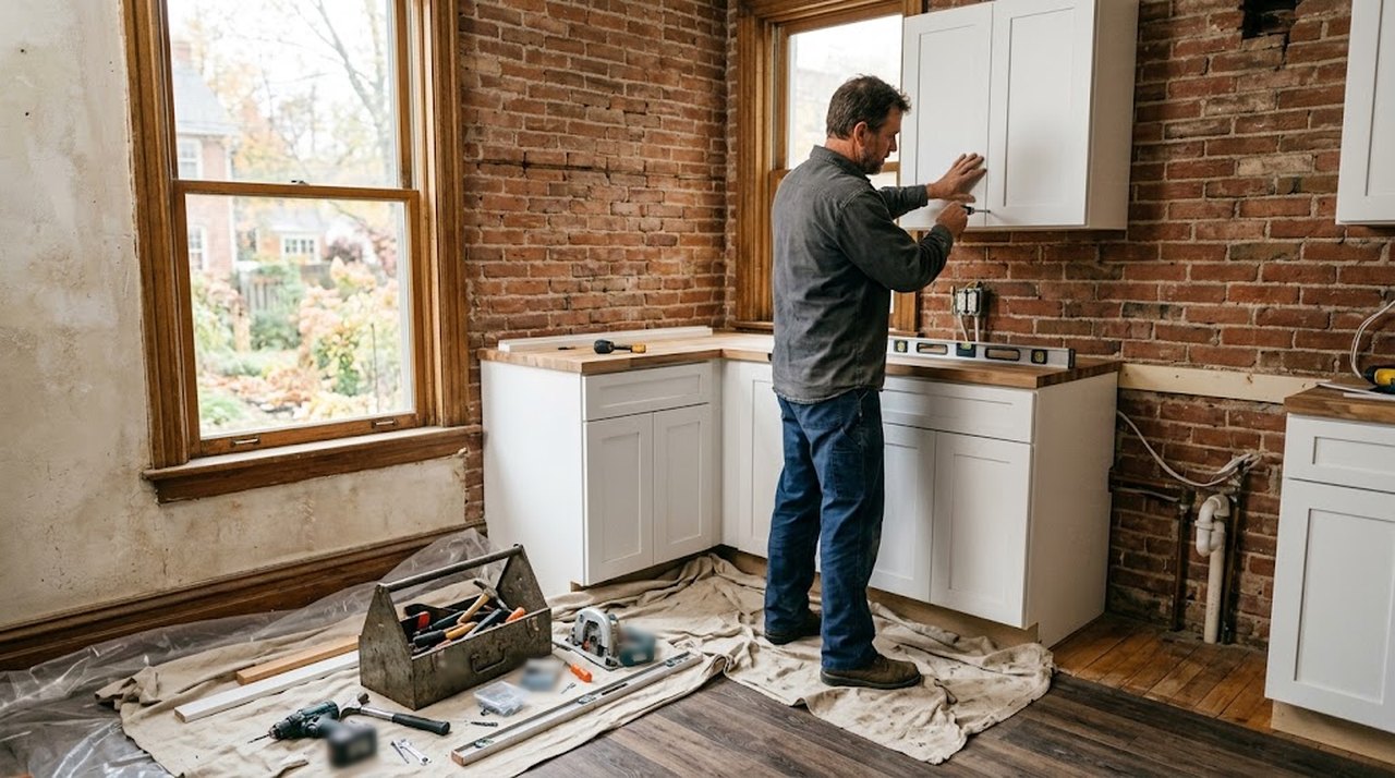 A contractor installing new white kitchen cabinets in an older brick home under renovation, with drop cloths and tools on the floor