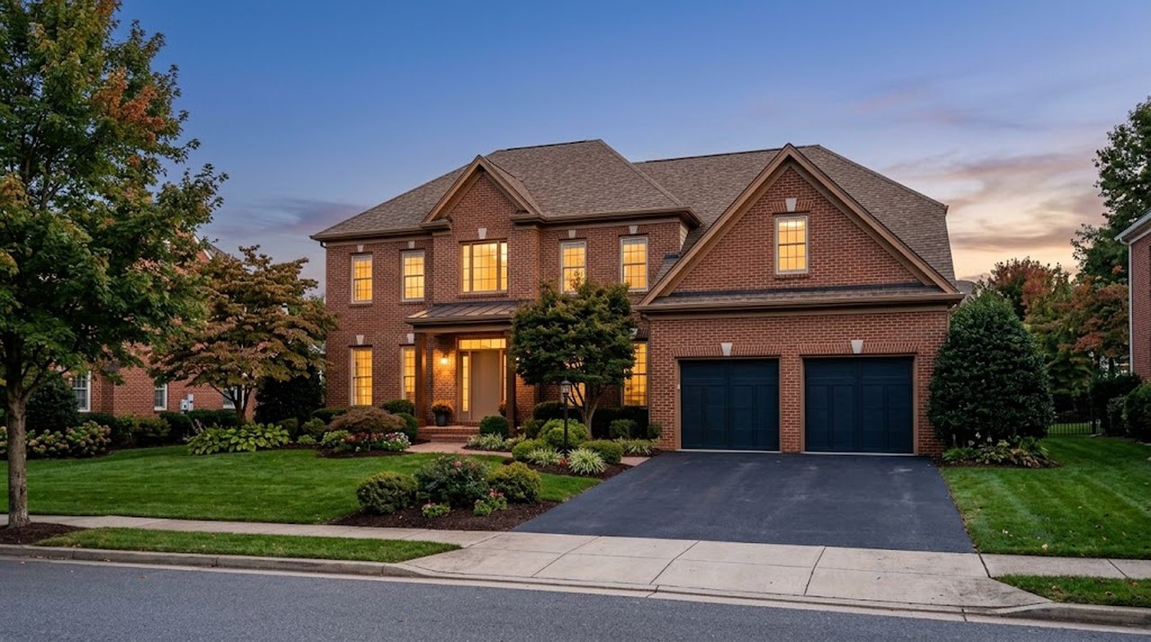 A large brick-front single-family home with a two-car garage and landscaped yard in a Loudoun County neighborhood at dusk