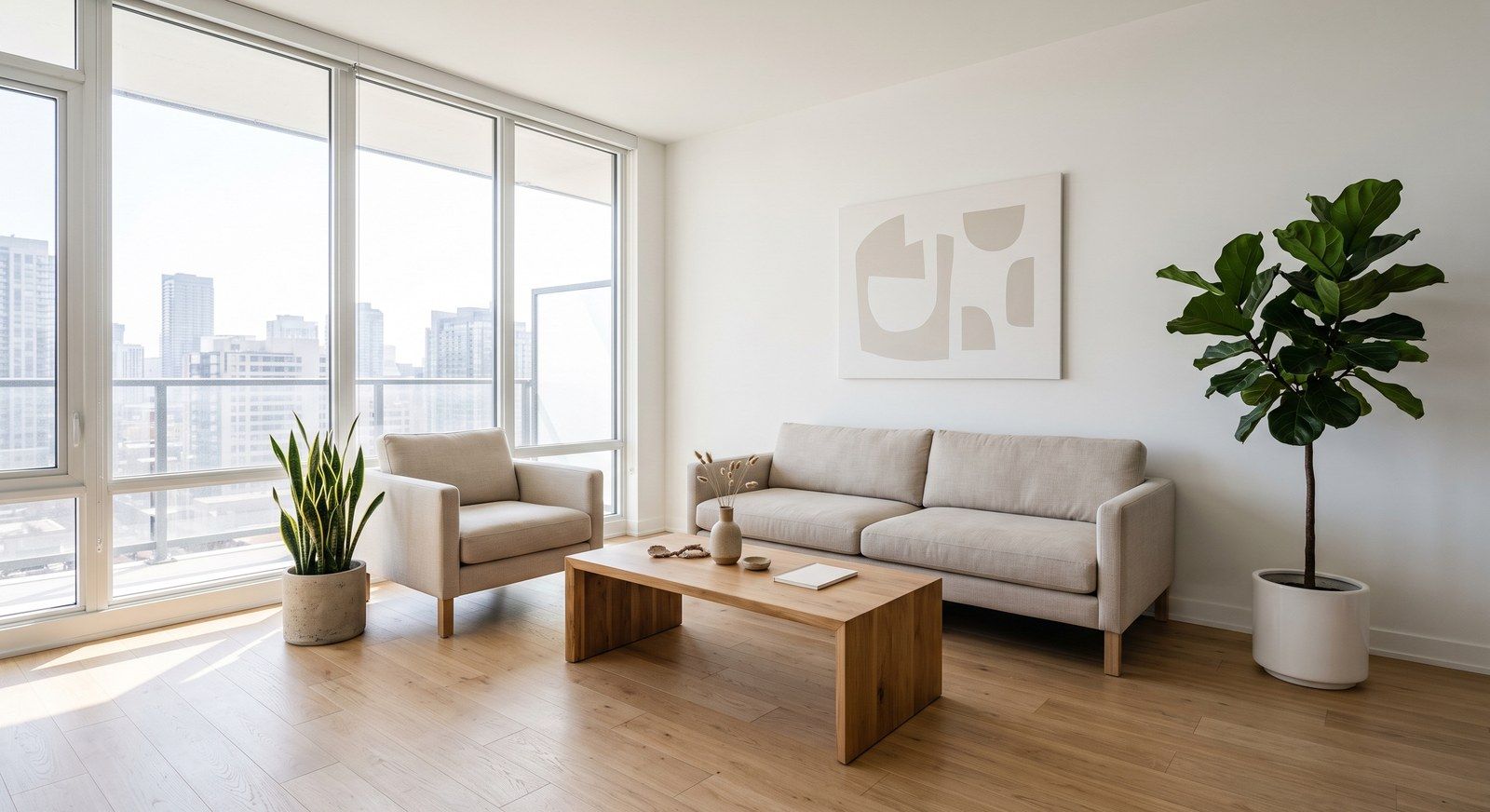Bright modern condominium living room with large windows and morning light
