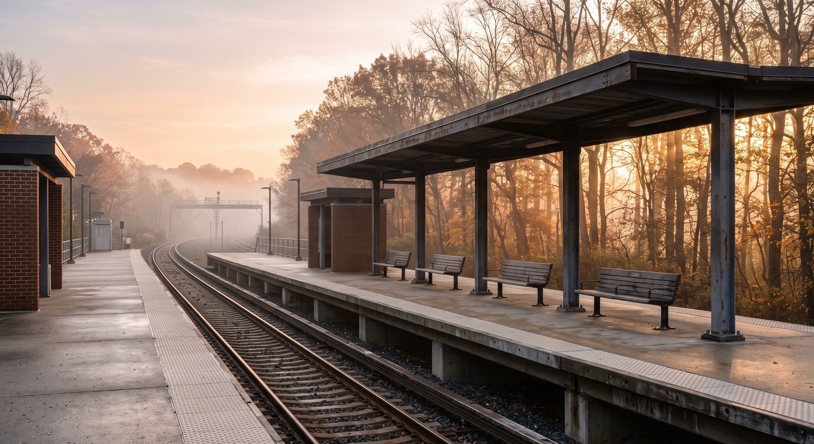 Suburban commuter rail platform in Virginia in early morning light