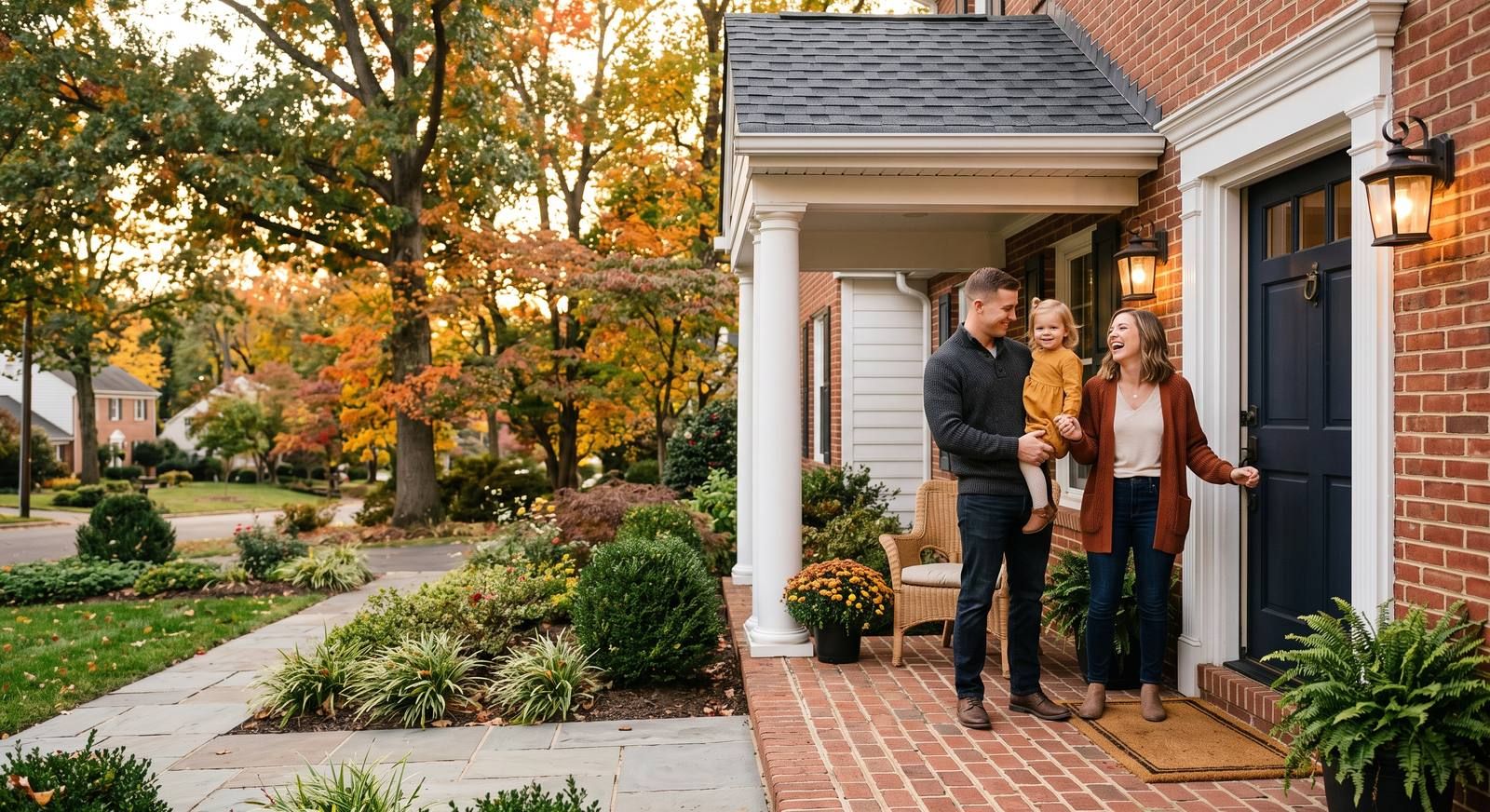 Military family standing on the front porch of a brick colonial home in Northern Virginia