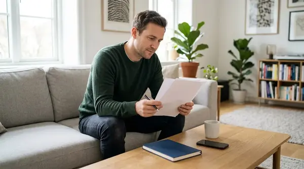 A man sitting on a sofa reviewing printed pages with a pen, a notebook and phone on the coffee table
