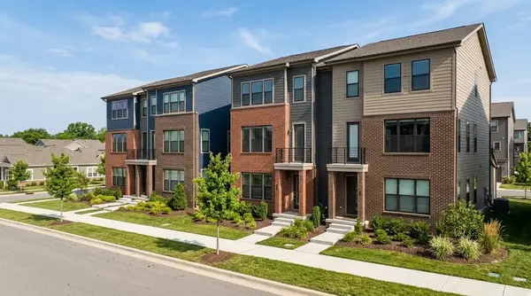 A row of three-story brick and siding townhomes with landscaped front yards on a suburban street