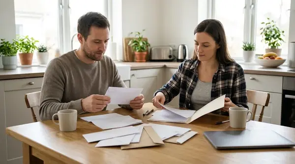A couple at a kitchen table sorting household mail and envelopes beside a closed laptop