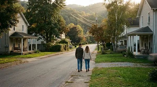 A quiet residential street of two-story homes with front porches and rolling hills in the distance
