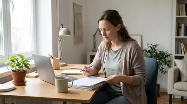 A self-employed woman working at a desk in a home office with a laptop and a stack of printed statements