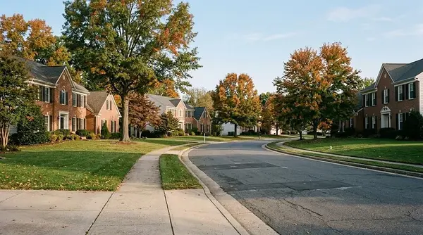 A quiet Northern Virginia street of brick colonial homes with black shutters under autumn trees