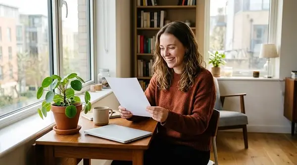 A smiling young woman at a desk by a sunny window reading a single sheet of paper beside a plant, a mug and a closed laptop