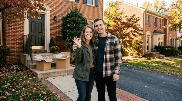 A smiling young couple holding up a house key on the front walkway of a brick townhouse with moving boxes on the stoop