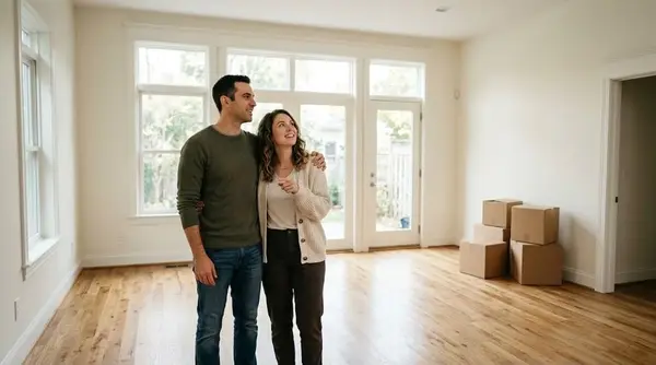 A smiling young couple standing in the bright, empty living room of a home, with tall windows, hardwood floors and moving boxes in the corner