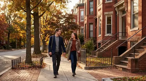 A smiling couple walking hand in hand on a tree-lined sidewalk past red brick rowhouses with bay windows and stoops on an autumn afternoon