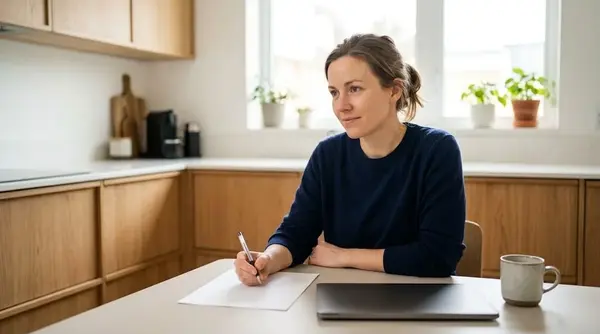 A young woman at a table in a bright kitchen, pen in hand over a blank sheet of paper, with a closed laptop and a coffee mug beside her