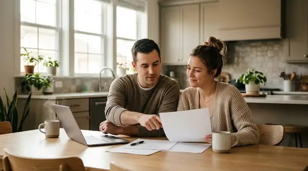 Young couple reviewing FHA loan paperwork at a kitchen table in a Northern Virginia townhome